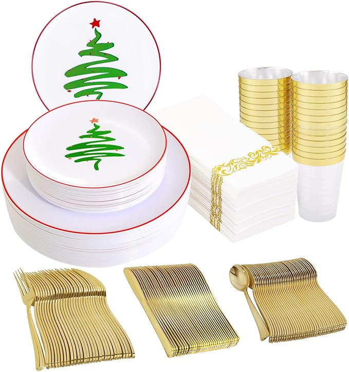 Supernal 350pcs Christmas Plastic Dinnerware Set, Christmas Plastic Plates by supernal