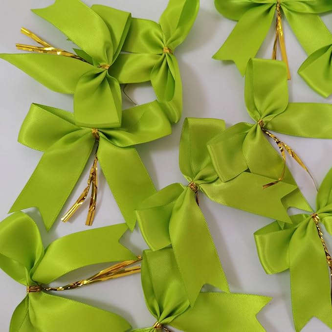 50 pcs 3-1/2" Apple Green Satin Ribbon Twist Tie Bows - Image 9