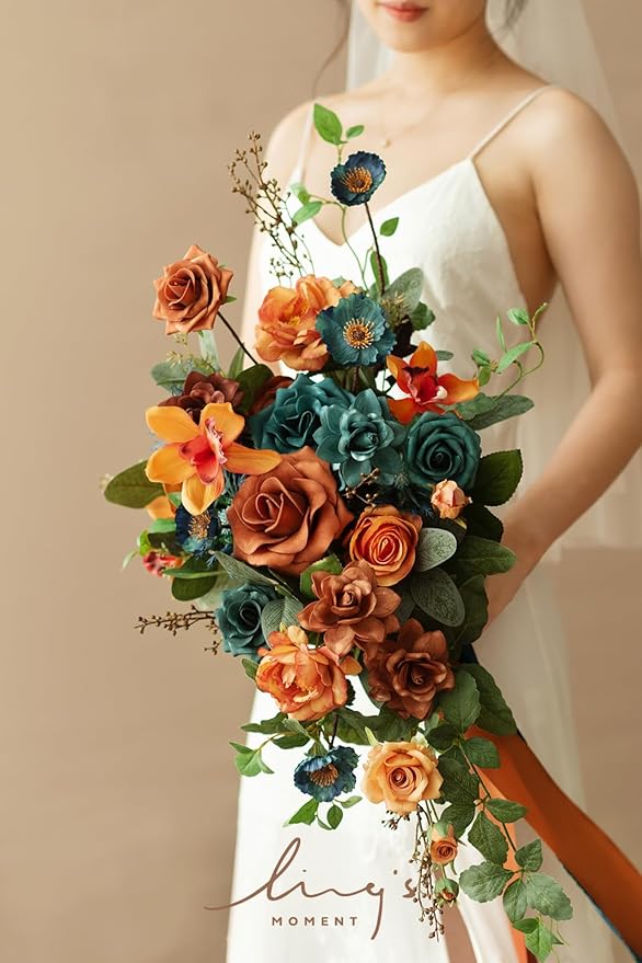 Ling's moment Teal Bridal Bouquet Cascading, Burnt Orange Wedding Bouquets - Image 2