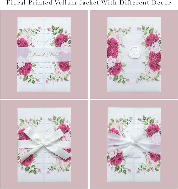 PONATIA 50PCS Vellum Jackets for 5x7 Invitation Cards- 135GSM Fuchsia Flowers - Image 3