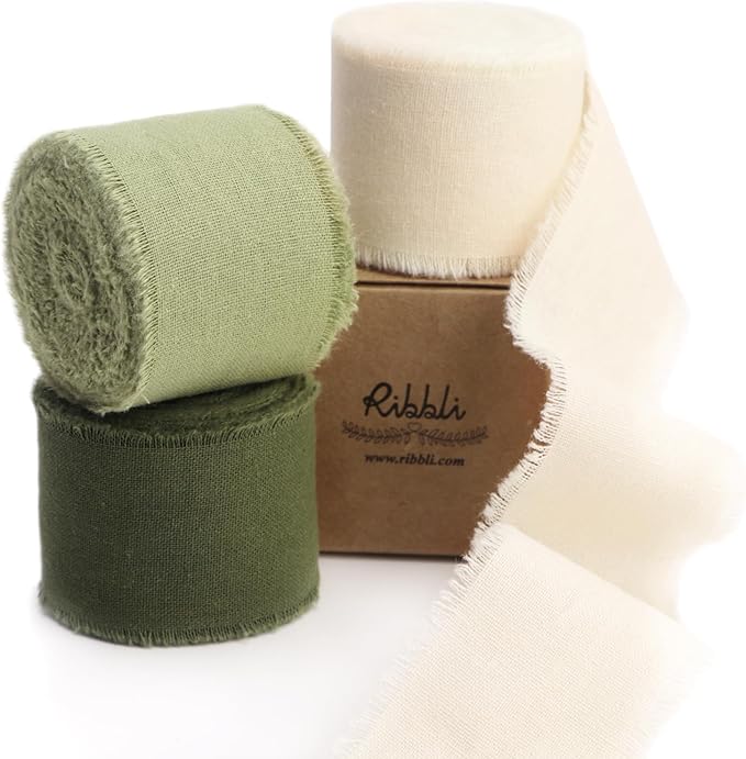 Ribbli 3 Rolls Green Ribbon 1.5 Inch x 18Yards Ivory Sage Moss Handmade Cotton by Ribbli