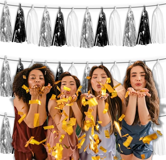 3P Black Silver White Metallic Fringe Tassel Banner Garland Foil Tinsel - Image 6