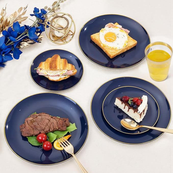 KIRE 350Pcs Blue and Gold Plates -Heavy Duty Navy Blue Dinnerware Set - Image 5