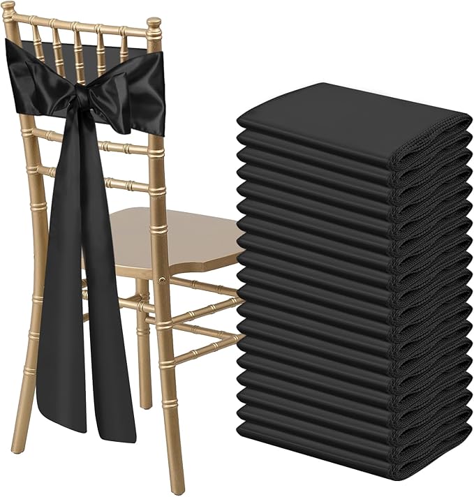 50 PCS Black Satin Chair Sashes Bows Universal Chair Ribbon Ties Back Sash by LooksForwardtoSeeingYou
