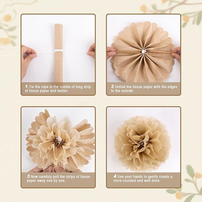 SUNBEAUTY 15 PCS Boho Champagne Pom Poms Tissue Paper Flowers, Wall Hanging - Image 4