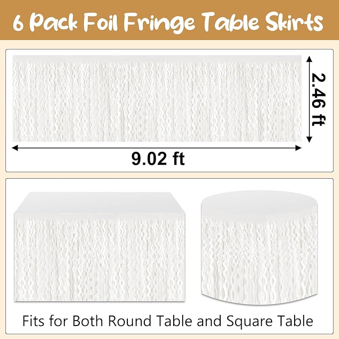 6 Pack 29 x108 Inch Macaron White Wave Foil Fringe Table Skirts Metallic Banner - Image 2