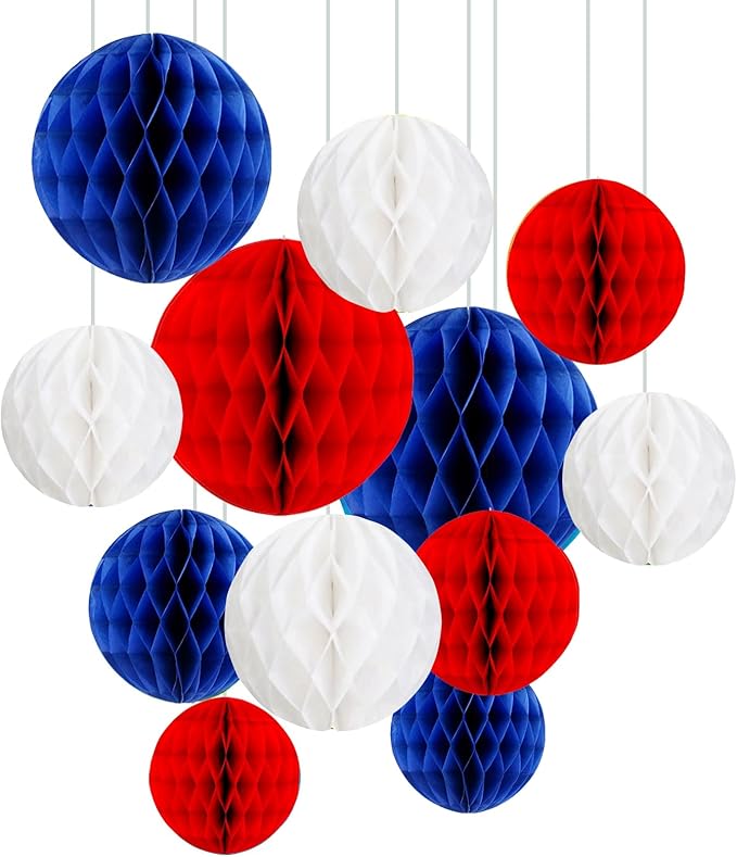 ZOOYOO 12Pcs 6" 10" Patriotic Honeycomb Balls Decorations Red White Blue by ZOOYOO