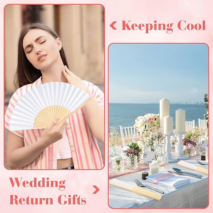 24 Pieces White Hand Held Bamboo Folding Fans Paper Fans Handheld - Image 5