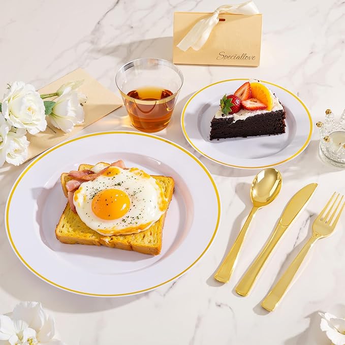 SUT 350 Pcs Gold and White Plastic Dinnerware Set - Image 4