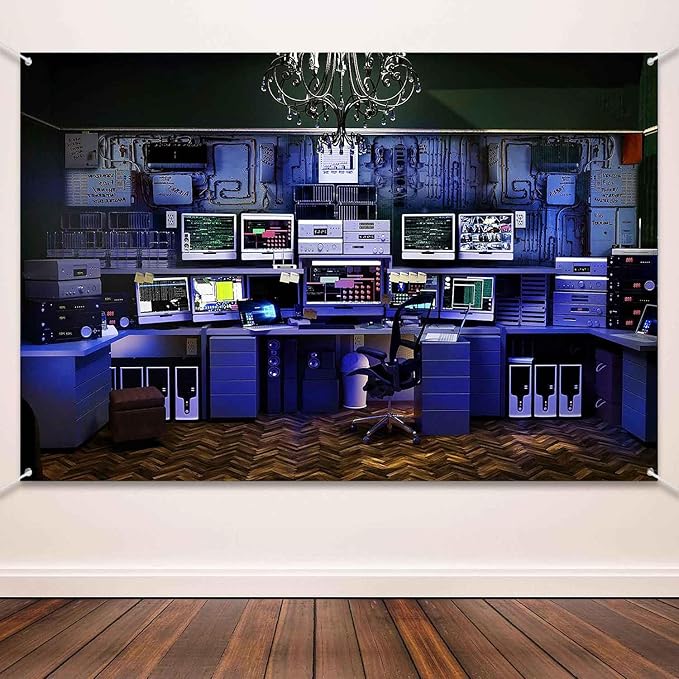 Computer Room Backdrop Neon Blue Hacker Station Backdrop Glowing Matrix Data by QICAIYUN