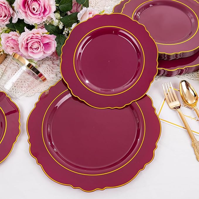 Liacere 350PCS Red Plastic Plates-Disposable Burgundy Red and Gold Plates - Image 3