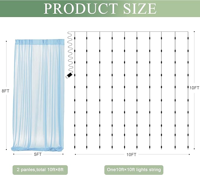 Tulle Backdrop Curtain with Lights String 10FT X 8FT Baby Blue Sheer Tulle - Image 3