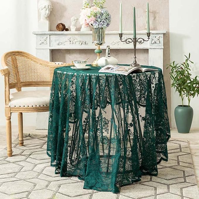 Vintage 60 inch Green Lace Tablecloth Floral Embroidered Boho Shabby Chic Small by JAIJY