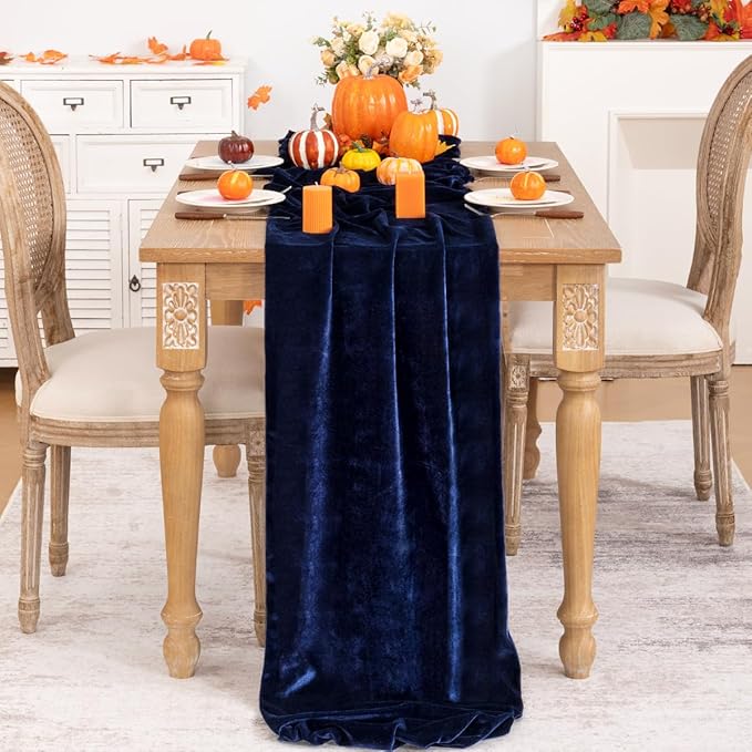 Navy Blue Velvet Table Runner Fall Thanksgiving Navy Table Runner 20 x 120 Inch - Image 2