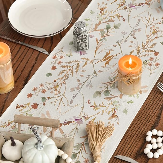 Artoid Mode Floral Leaves Fall Table Runner, Wild Flowers and Grasses Seasonal - Image 4