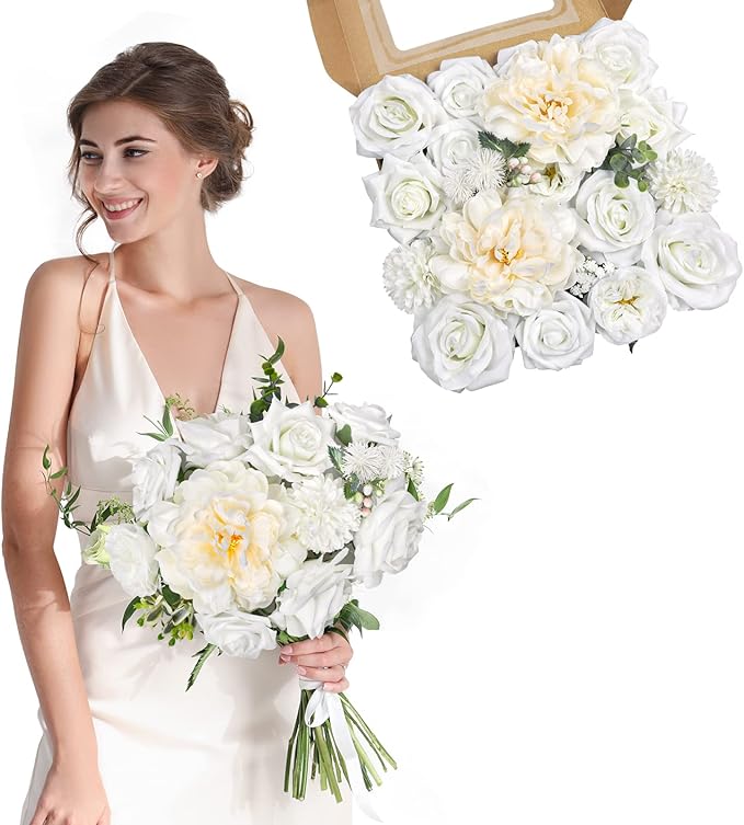AmyHomie White Artificial Flowers Combo Silk Mix Peony Rose Hydrangea Daisy - Image 8