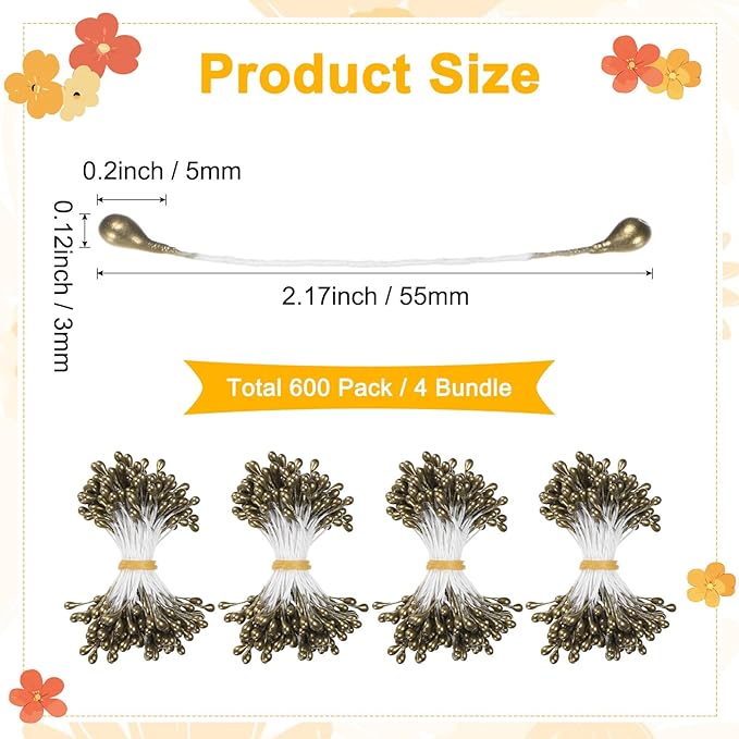 600-Pack Flower Stamens for Crafts, 5mm Double Heads Artificial Pearl Floral - Image 3