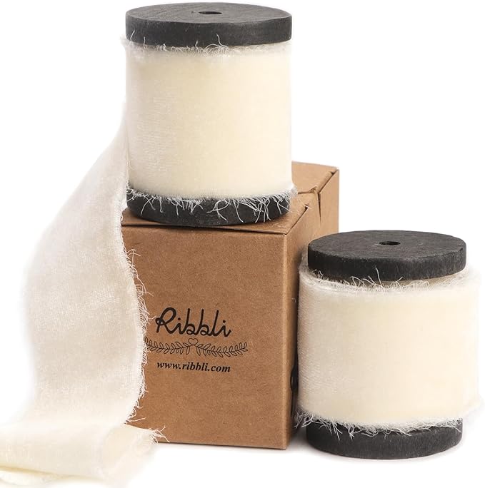 Ribbli Ivory Velvet Ribbon 1.5 Inch Handmade Frayed Vintage Christmas Ribbon by Ribbli