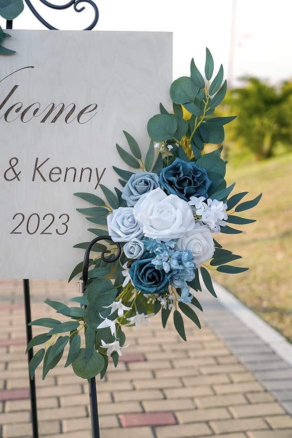ponatia Wedding Arch Flowers, Artificial Dusty Blue Flowers & Welcome Signs - Image 6
