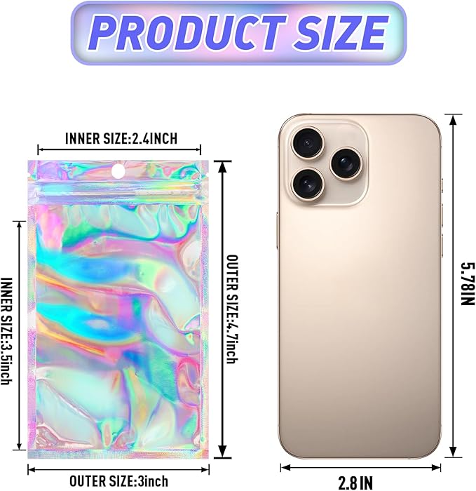 Funfery 100 Pack Smell Proof Holographic Bags Clear Window Resealable Bags - Image 2