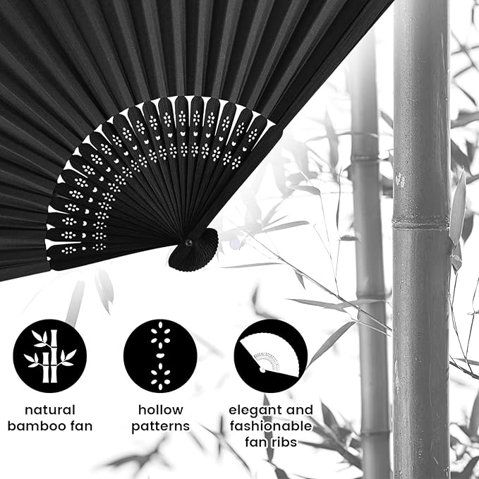 JOHOUSE 12 Packs 8.2 Inch Black Chinese Paper Foldable Hand Fan - Image 6