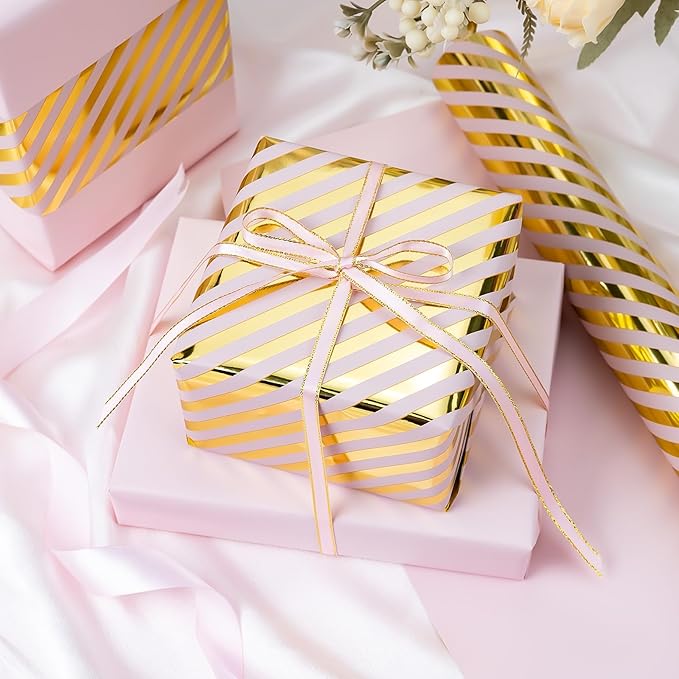 Burymento Pink and Gold Stripes Wrapping Paper, Reversible Pink Gift Wrap - Image 2