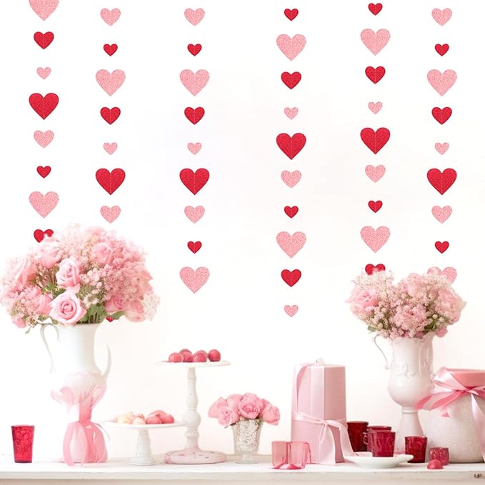 Red Pink Party-Decoration Heart Garland - 40ft Galentines Hanging Paper - Image 4