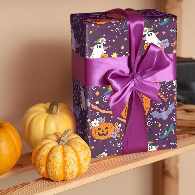 LeZakaa Purple Halloween Wrapping Paper Roll, Cute Trick-or-Treat Ghosts - Image 5