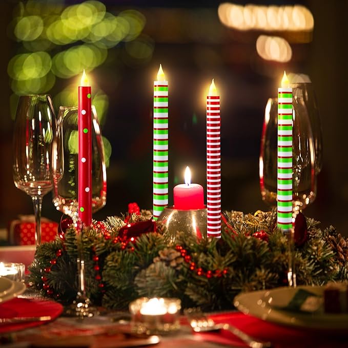6 Pcs Christmas Flameless Taper Candles 10.6 Inch Red Green and White Striped - Image 4