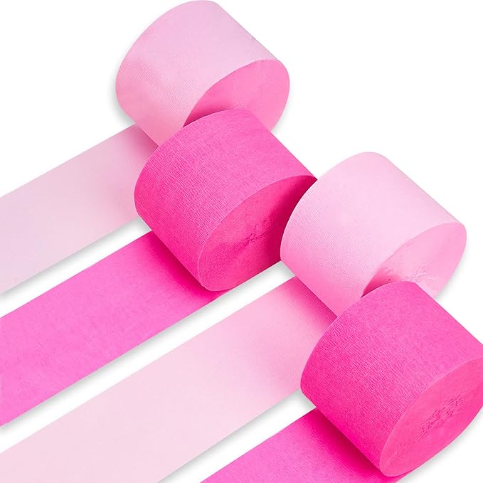 PartyWoo Crepe Paper Streamers 4 Rolls 328ft, Pack of Hot Pink and Pink Crepe by PartyWoo