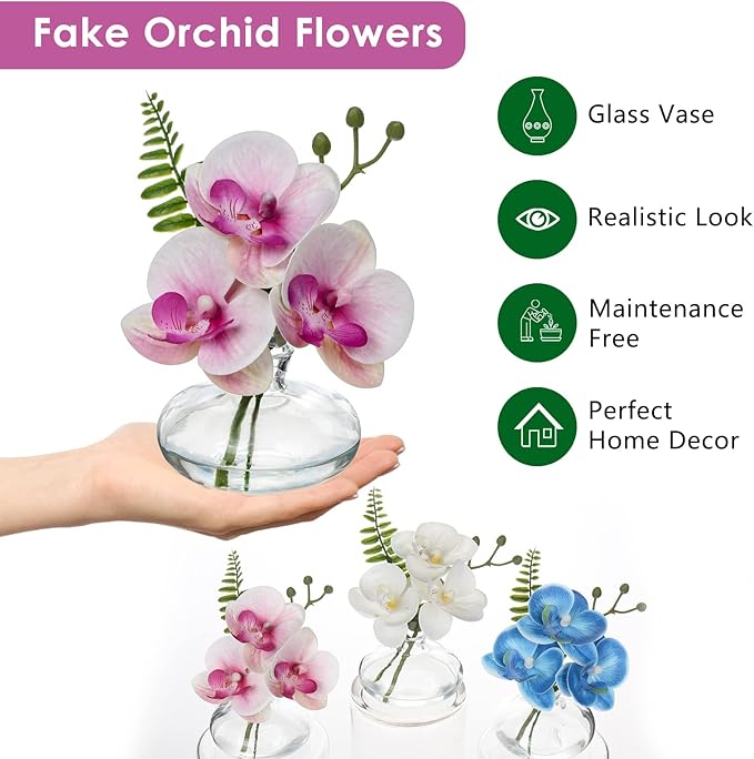 Pink Orchids Artificial Flowers Faux Orchids Arrangement in Clear Glass Vases - Image 4
