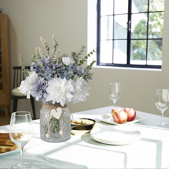 Fake Flowers with Vase, 8 Dahlias, with a Flower Arrangement Holder, Silk Faux - Image 8