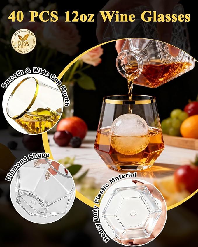 40 PCS Clear & Gold Rim 12 Oz Plastic Wine Whiskey Glasses, Diamond Stemless - Image 3