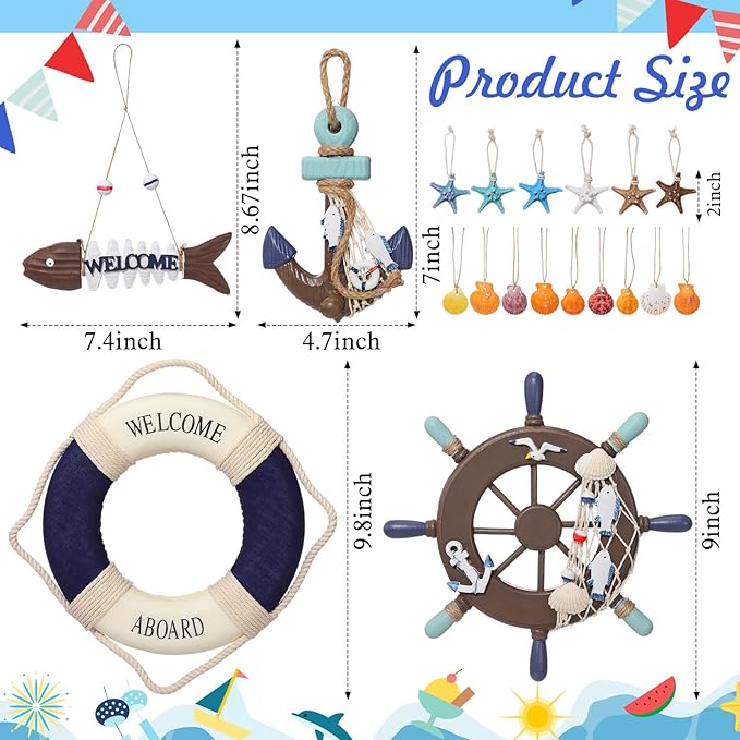 Marsui 11 Pcs Wooden Nautical Wall Decor Fishing Net Decoration, Include - Image 3