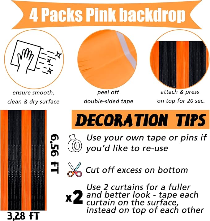 4 Pack Black Orange Fringe Curtain Backdrop, 3.2Ft x 6.6Ft Metallic Tinsel Foil - Image 2