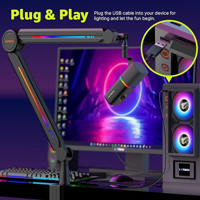 IXTECH RGB Mic Boom Arm High Profile, Overhead Boom Arm Microphone Stand Desk - Image 6