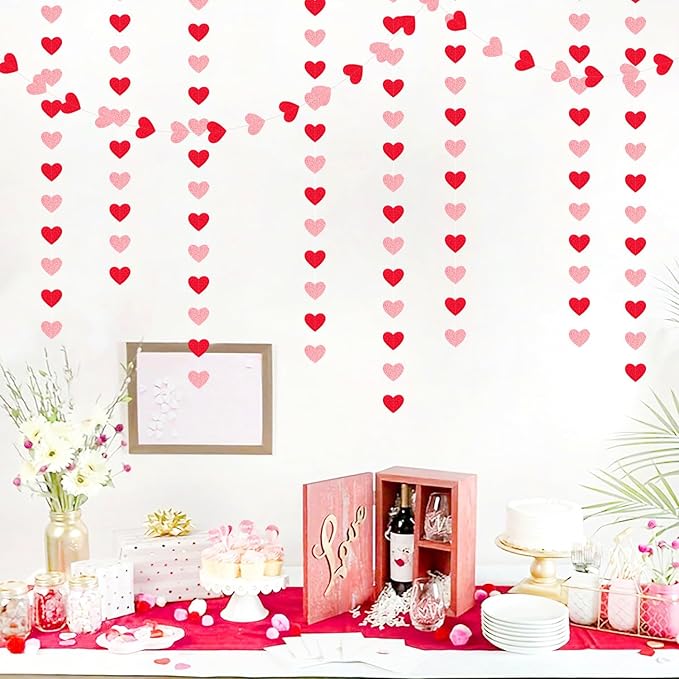 Red Pink Party-Decorations Heart Garland - 52ft Streamers Paper Banner - Image 5