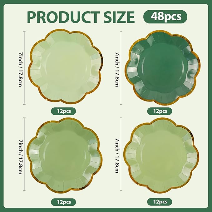 48Pcs Sage Green Scalloped Party Plates - Image 2