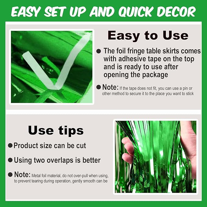 3 Pack 29 x108 Inch Green Foil Fringe Table Skirts Metallic Banner - Image 2