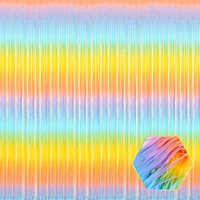 6 Pack Rainbow Foil Fringe Curtain Backdrop, 3.28Ft x 8.2Ft Metallic Tinsel by Ferwzsr