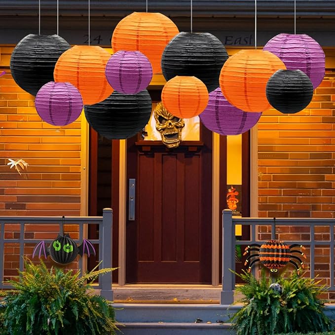 Orange Purple Black Paper Lanterns Decorative 12pcs Halloween Hanging - Image 6