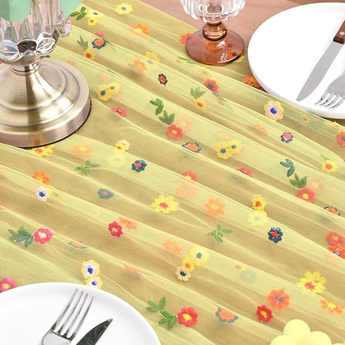 Joanlody 3pcs Yellow Embroidery Daisy Fall Thanksgiving Table Runner Florals - Image 5