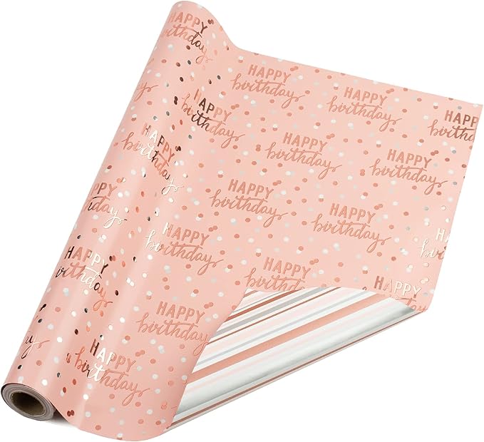 LeZakaa Reversible Pink Birthday Wrapping Paper Roll - Image 8