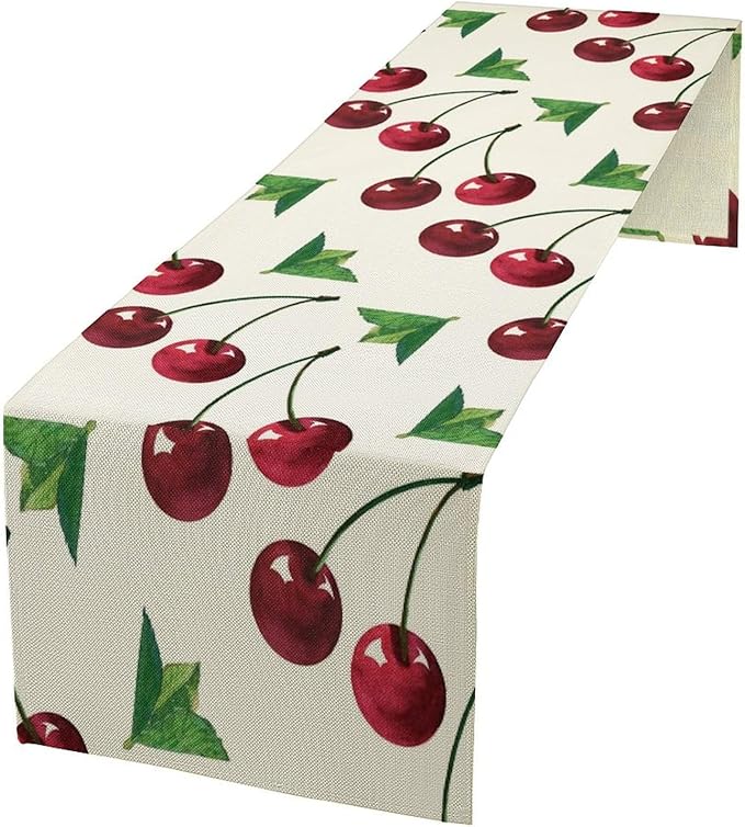 Red Cherry Table Runner Watercolor Tropical Fruit Spring Summer Wild Berry by SHElifestyle
