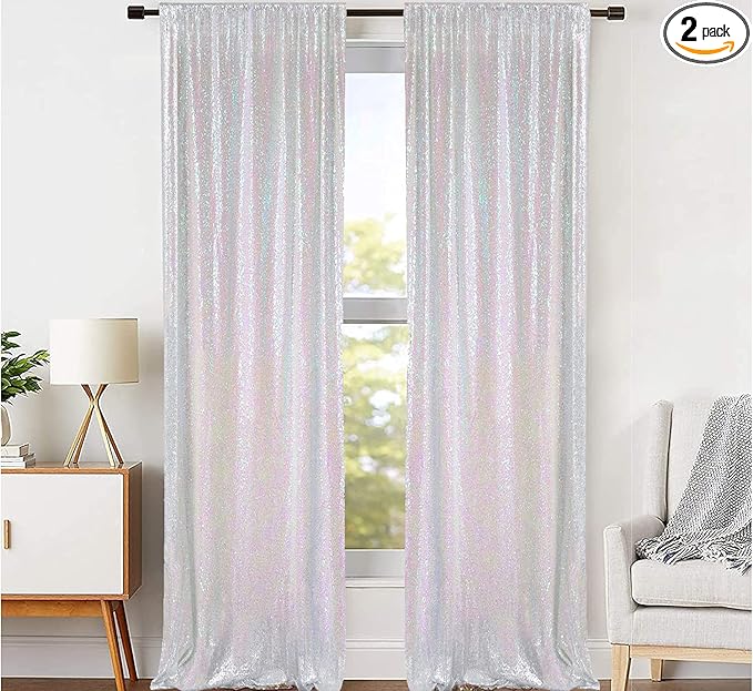 JYFLZQ White Iridescent Sequin Backdrop Curtains 4ft x 8ft 2 Panel Glitter by JYFLZQ