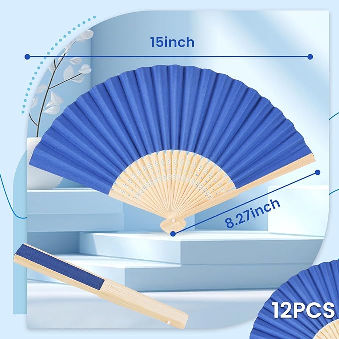 JOHOUSE 12 Pcs Paper Folding Hand Fans, 8.3 Inch Dark Blue Paper Fans Handheld - Image 2
