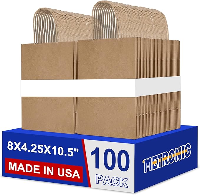 METRONIC Paper Gift Bags 8x4.25x10.5 100Pcs Brown Paper Bags by METRONIC
