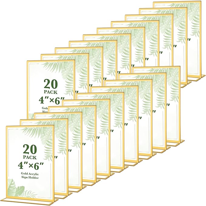 20 Pack Gold Acrylic Sign Holders 4x6 Inch, Double Sided Vertical Stand Clear by ALFFUN