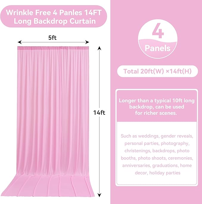 20ftx14FT Wrinkle Free Pink Backdrop Curtain, 4 Panels 14FT Height Pink Wedding - Image 2