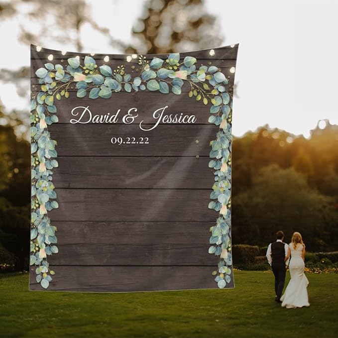 Wedding Backdrop for Reception, Rustic Wood Green Leaf Banner, Custom Tapestry by DEVONDESIGN